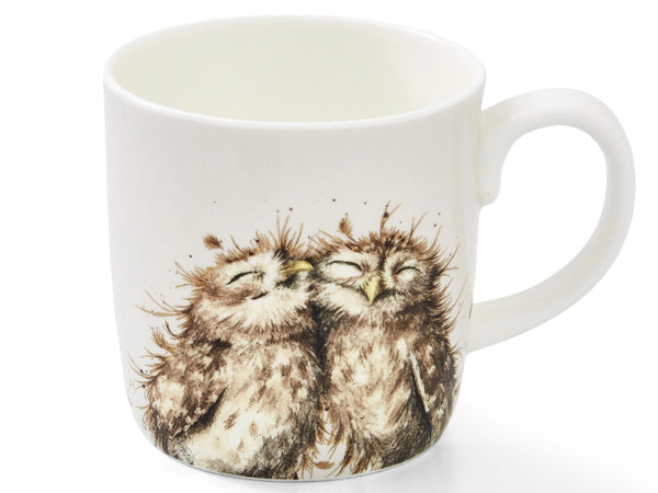 A white ceramic mug featuring a detailed illustration of two sleeping owls with brown and beige feathers, shown against a plain white background.