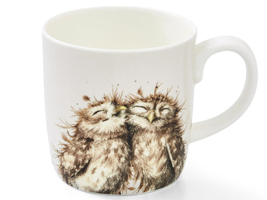A white ceramic mug featuring a detailed illustration of two sleeping owls with brown and beige feathers, shown against a plain white background.