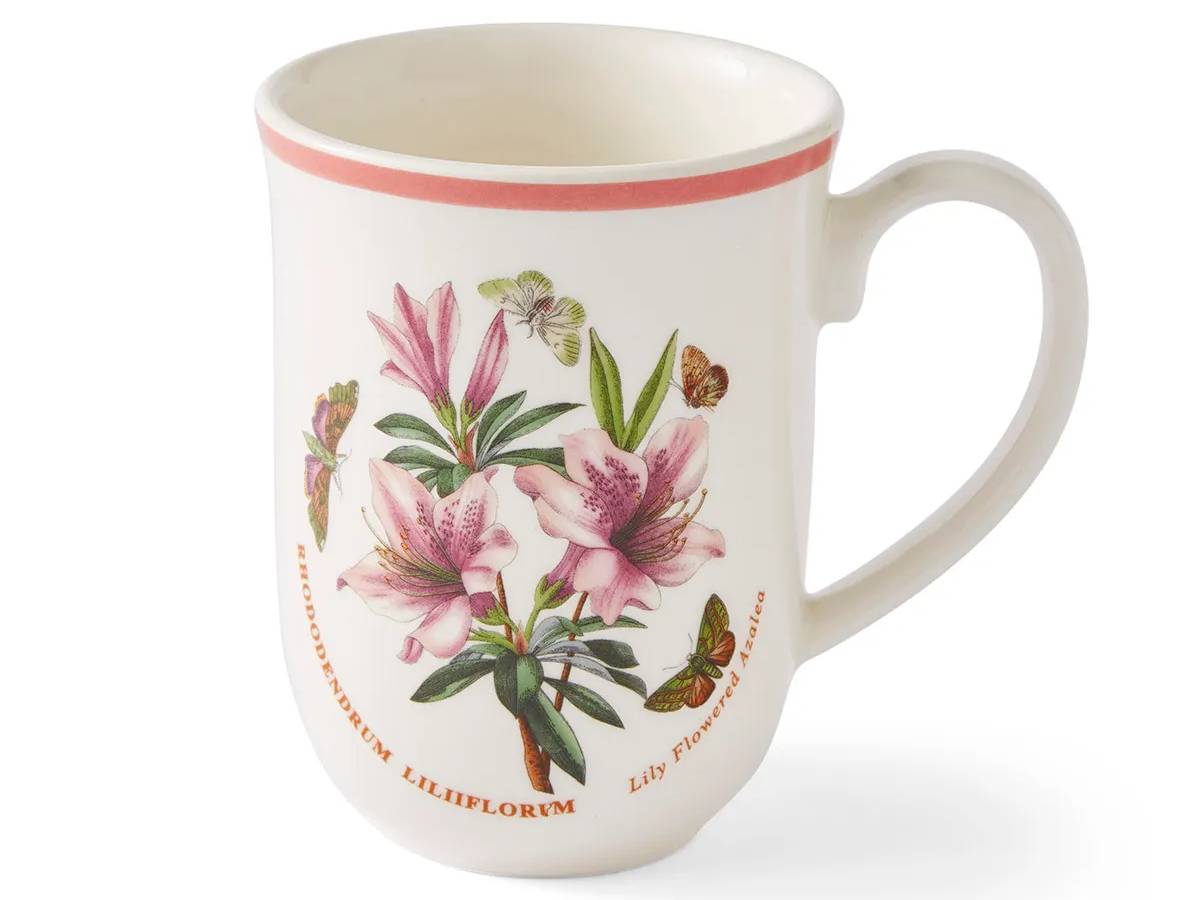 Portmeirion Botanic Garden Meadow Azalea Tulip Mug with pink flowers and butterflies.