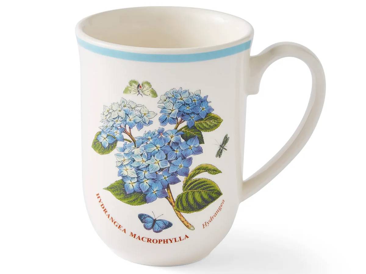Portmeirion Botanic Garden Meadow Tulip Mug with blue hydrangea print.