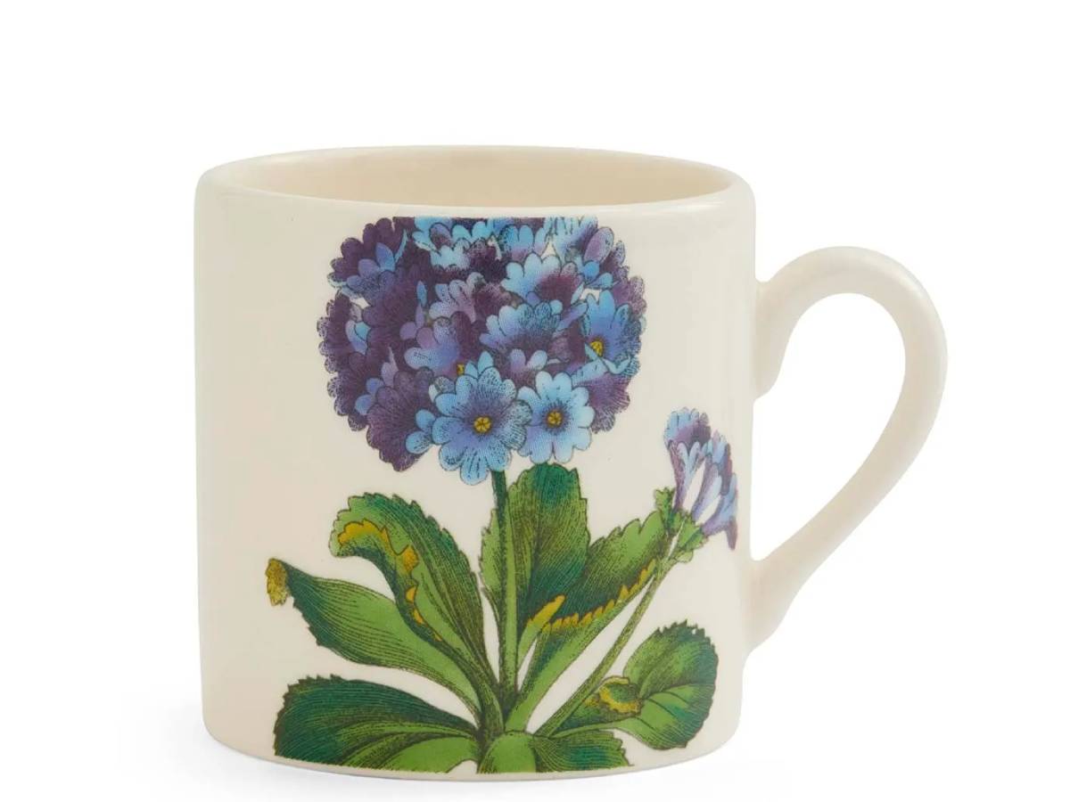 Bloom Garden Primula Espresso Cup with rich purple and blue floral petals.