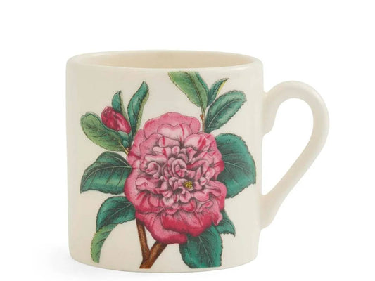 Bloom Garden Double Camellia Espresso Cup with layered pink and red floral petals.