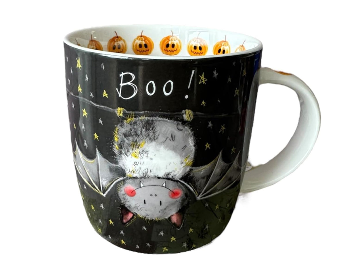 Alex Clark Halloween bat mug in new bone china with black background, “Boo!” wording and pumpkin illustrations around the inner rim