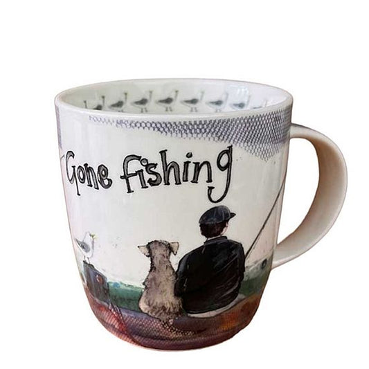 Alex Clark ceramic mug featuring a man fishing with his dog, with illustrated floral details on the rim and handle.