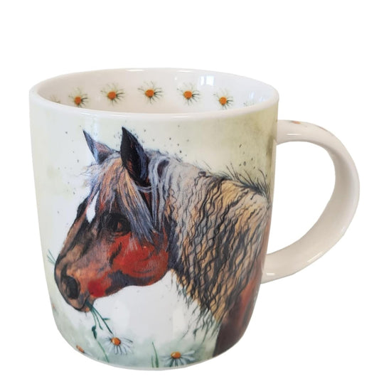 Alex Clark ceramic mug with illustration of a horse nibbling white flowers, decorated with floral accents on the inside rim and handle, perfect for animal lovers