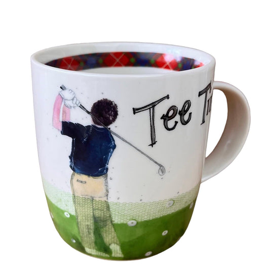 Alex Clark ceramic mug showing a man teeing off on the golf course with floral illustrations on the rim and handle, ideal for golf enthusiasts and hot beverages.