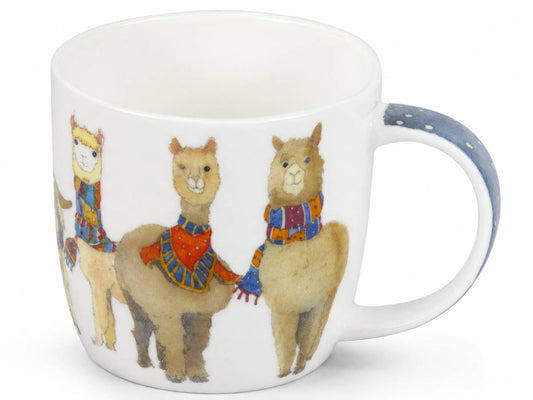 A white ceramic mug featuring an illustration of three llamas wearing colorful knit sweaters, with a blue speckled handle.