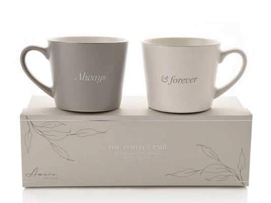 Always & Forever boxed ceramic mug gift set featuring grey and white mugs with silver rims, beautifully presented as a luxury wedding or anniversary gift for couples.