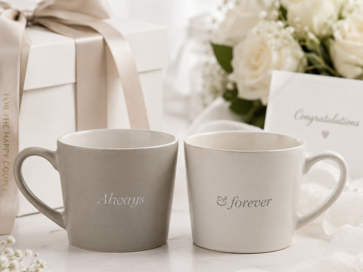 Always & Forever boxed ceramic mug gift set featuring grey and white mugs with silver rims, beautifully presented as a luxury wedding or anniversary gift for couples.