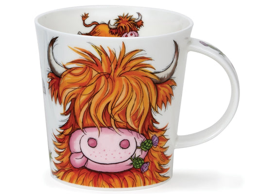 Dunoon Big Coos fine bone china mug featuring a colourful Highland cow face with orange shaggy hair, horns and thistle detail