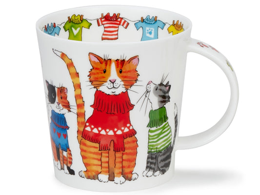 Dunoon Trendy Cats fine bone china mug featuring fashionable cats in colourful patterned jumpers