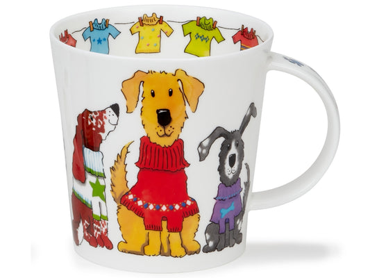 Dunoon Trendy Dogs fine bone china mug featuring illustrated dogs in colourful patterned jumpers.