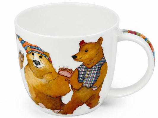 A white ceramic mug featuring a watercolor illustration of two playful polar bears, one wearing a striped hat and the other a plaid vest, with a multicolor striped handle.