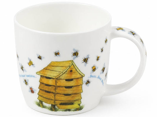 A white ceramic mug featuring a printed illustration of a wooden beehive and flying bees, with small blue text on a clean white background.