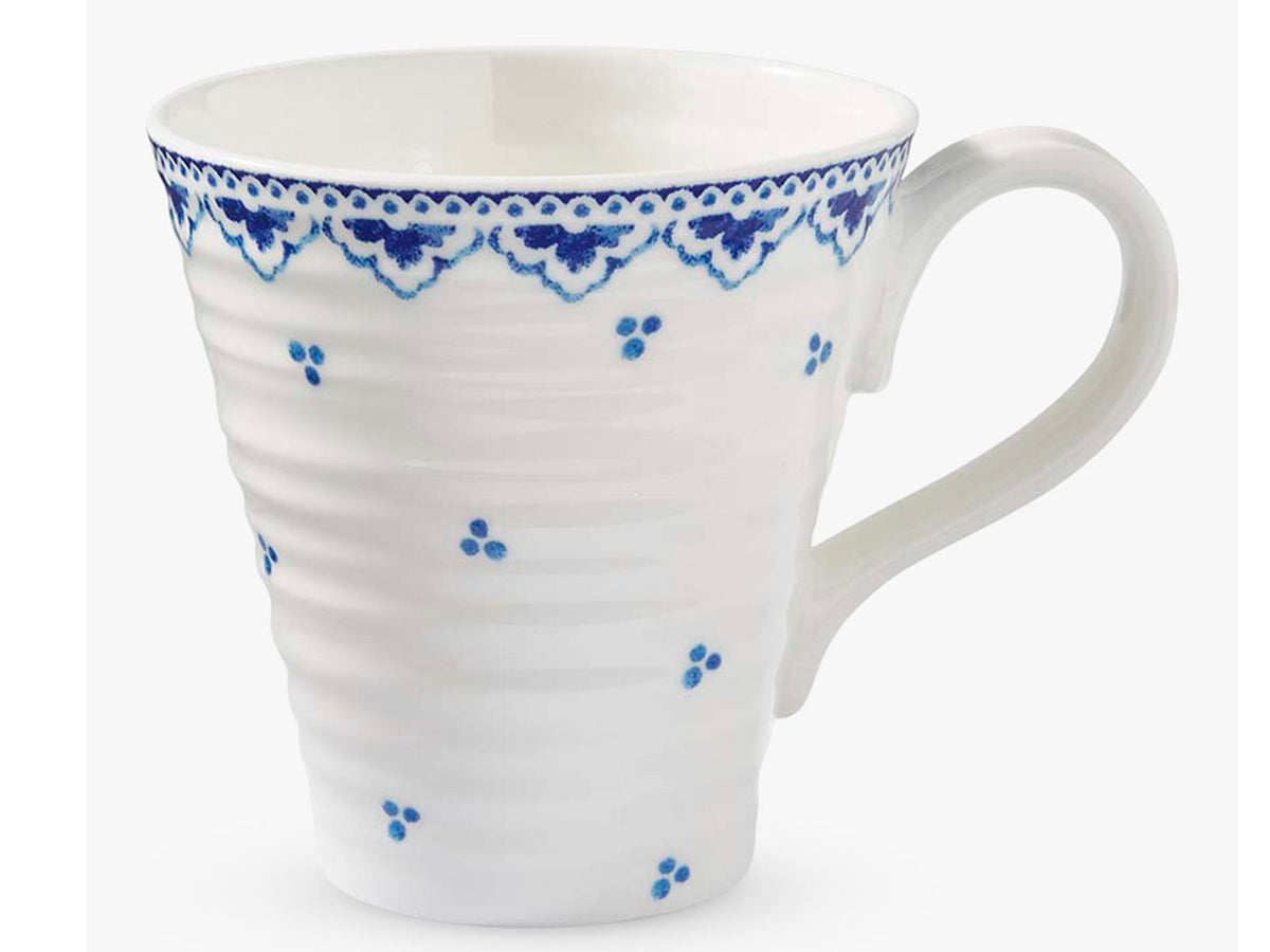 Portmeirion Sophie Conran Blue Ditsy mug in porcelain with blue-and-white spongeware-style design