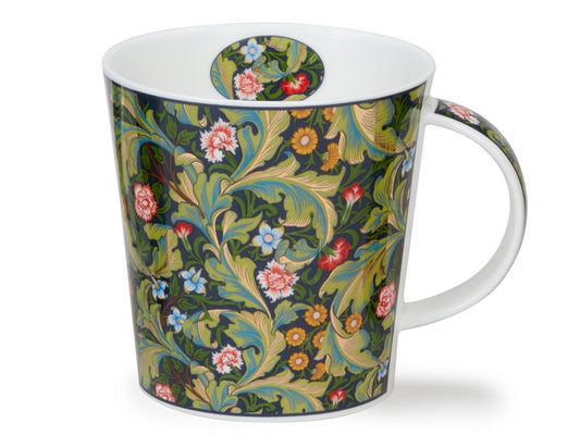 Dunoon Cairngorm Arts & Crafts Gold Leicester fine bone china mug with ornate gilded foliage and yellow pink floral details