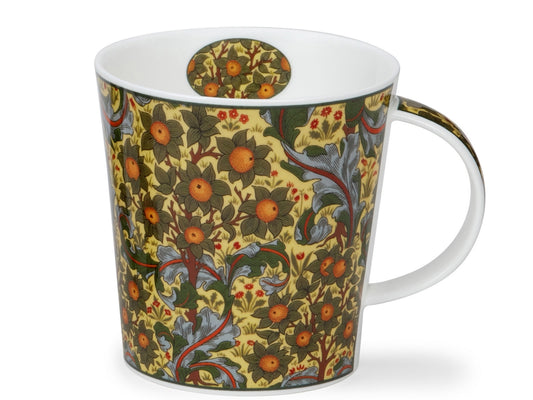 Dunoon Cairngorm Arts & Crafts Gold Orchard fine bone china mug with orchard fruit, floral foliage and gold detailing