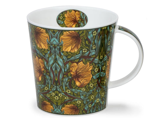 Dunoon Cairngorm Arts & Crafts Gold Pimpernel fine bone china mug with tulips, pimpernel flowers, turquoise leaves and gold