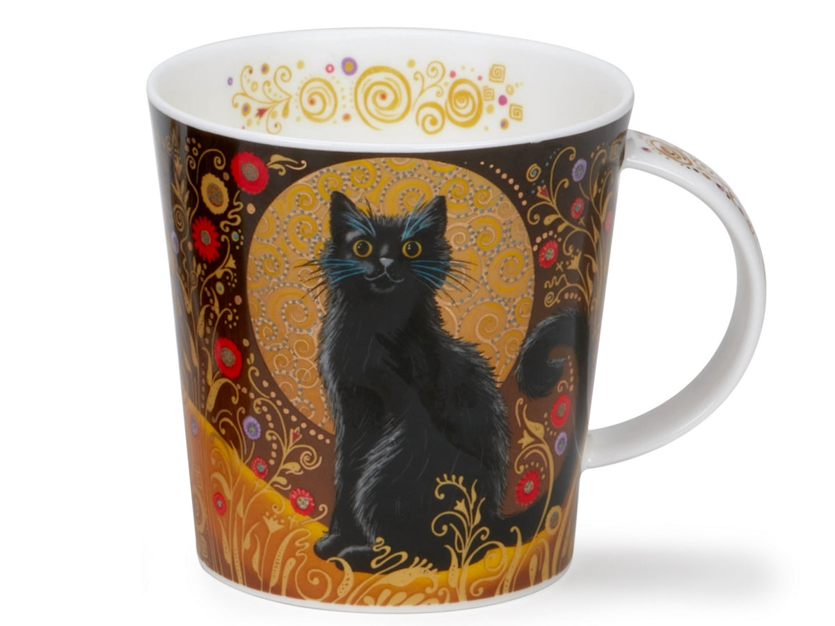 Dunoon Cairngorm Celestial Cats Black fine bone china mug with black cat portrait and ornate gold detailing