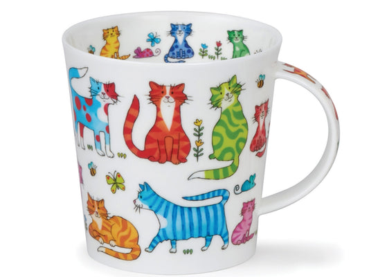 Dunoon Cairngorm Colourful Crew Cats fine bone china mug with bright patterned cats, flowers, bumblebees and butterflies