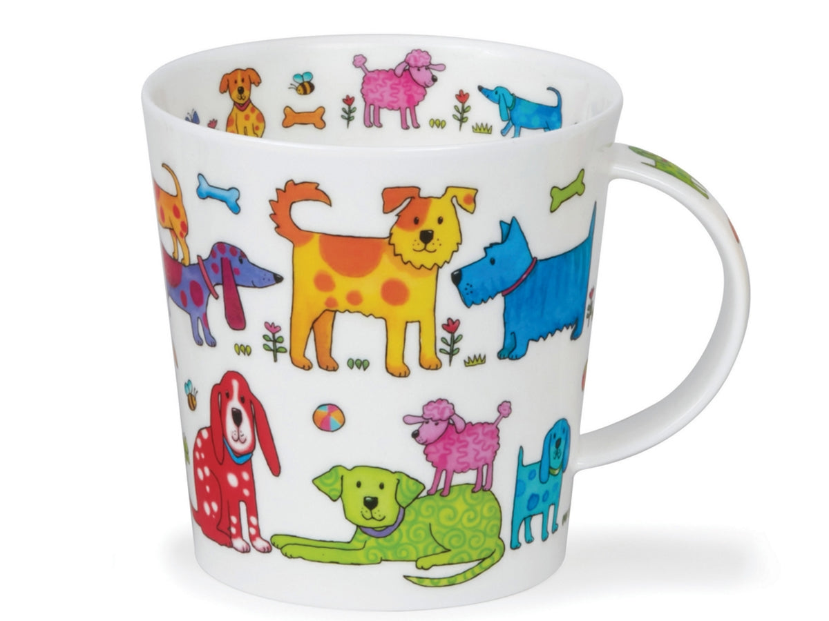 Dunoon Cairngorm Colourful Crew Dogs fine bone china mug with bright patterned dogs, flowers, bones and bumblebees
