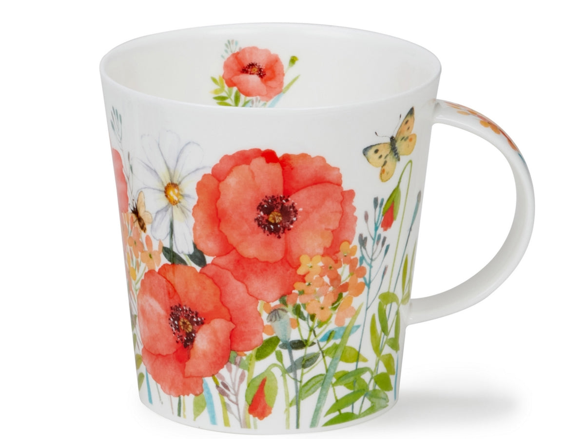 Dunoon Cairngorm Floral Whisper Red fine bone china mug with red poppies, daisies and airy floral artwork