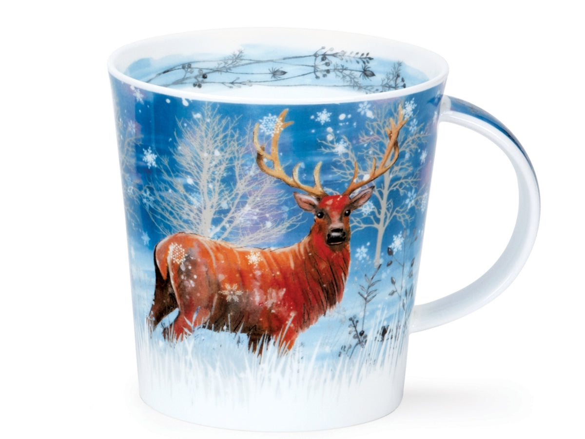 Dunoon Cairngorm Moonlight Deer fine bone china mug with an illustrated stag in a snowy winter woodland scene with blue background and falling snow.