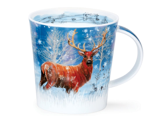 Dunoon Cairngorm Moonlight Deer fine bone china mug with an illustrated stag in a snowy winter woodland scene with blue background and falling snow.