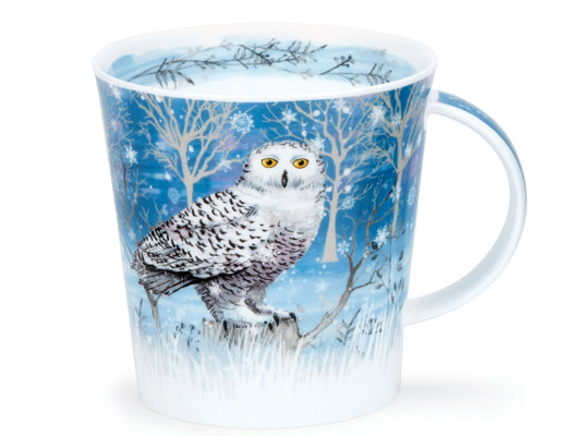 Dunoon Cairngorm Moonlight Owl fine bone china mug with a snowy owl, yellow eyes and a winter woodland scene in soft blue tones.
