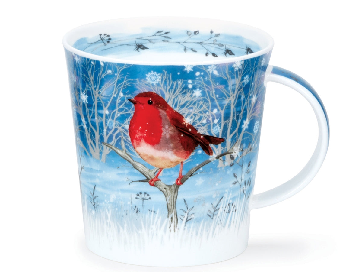 Dunoon Cairngorm Moonlight Robin fine bone china mug with a red-breasted robin on a snowy branch in a blue winter woodland scene