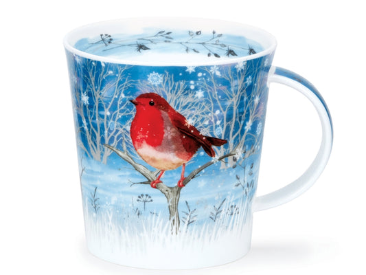 Dunoon Cairngorm Moonlight Robin fine bone china mug with a red-breasted robin on a snowy branch in a blue winter woodland scene