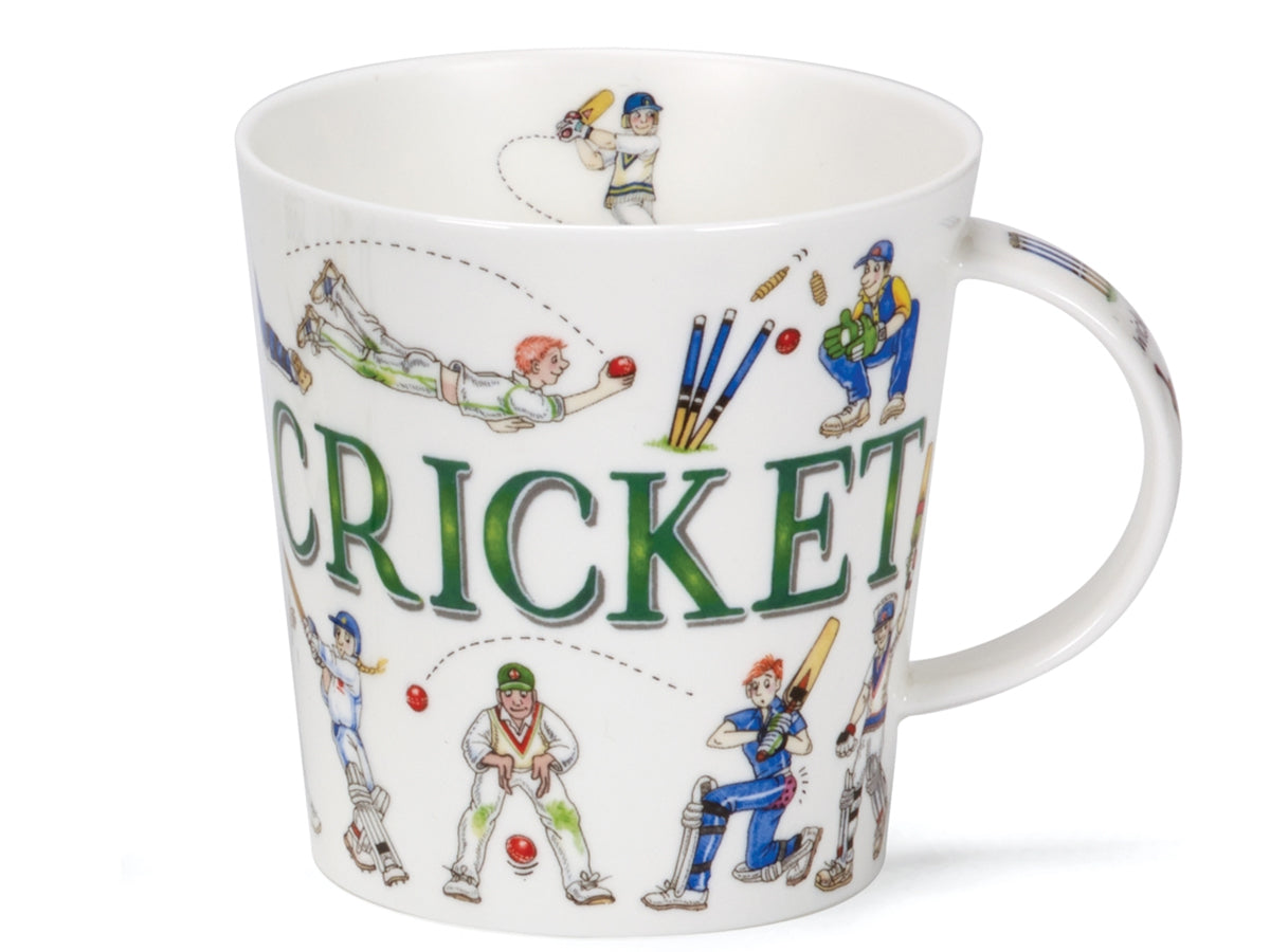 Dunoon Cairngorm Sporting Antics Cricket fine bone china mug with humorous cricket scenes and green lettering