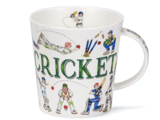 Dunoon Cairngorm Sporting Antics Cricket fine bone china mug with humorous cricket scenes and green lettering