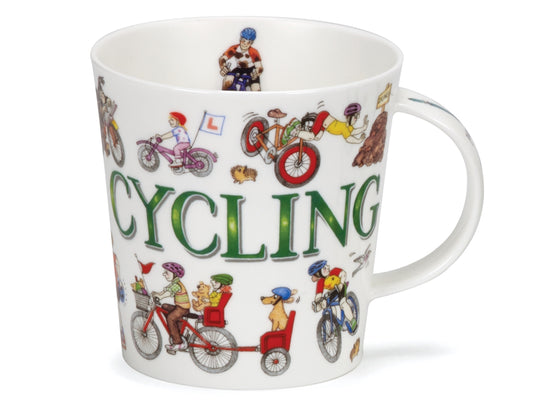 Dunoon Cairngorm Sporting Antics Cycling fine bone china mug with humorous cycling scenes and green lettering