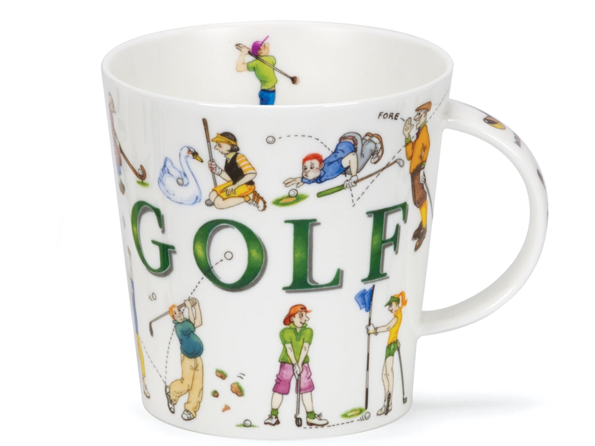 Dunoon Cairngorm Sporting Antics Golf fine bone china mug with humorous golf scenes and green lettering