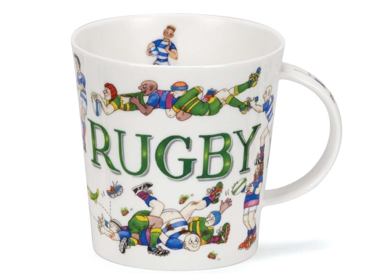 Dunoon Cairngorm Sporting Antics Rugby fine bone china mug with humorous rugby scenes and green lettering