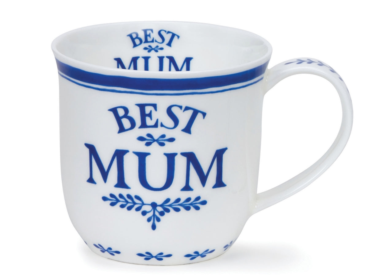 Dunoon Cumbrae Best Mum fine bone china mug with bold blue typographic design on white