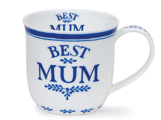 Dunoon Cumbrae Best Mum fine bone china mug with bold blue typographic design on white