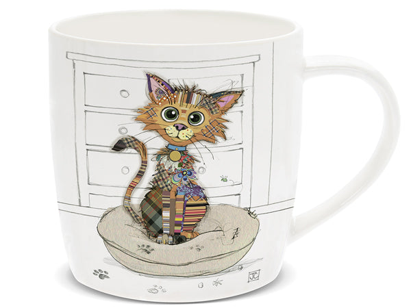 Mug with a colorful cat illustration on a white background