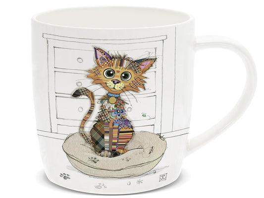 Mug with a colorful cat illustration on a white background