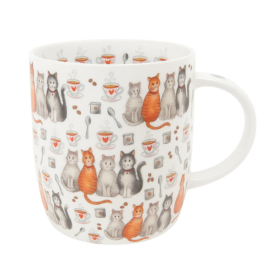 white mug with cats and teacup illustrations