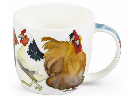 A white ceramic coffee mug featuring a painted illustration of two chickens, one black-and-white and one brown with red comb, on a white background.