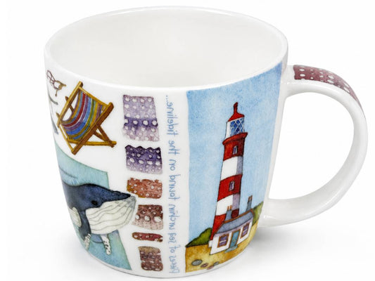 A white ceramic mug featuring a colorful nautical-themed illustration with a red-and-white lighthouse, a whale, a striped beach chair, and a vertical column of fabric swatches on a light blue background.