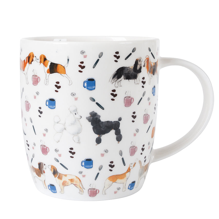 Mug with dog illustrations and coffee cups on a white background