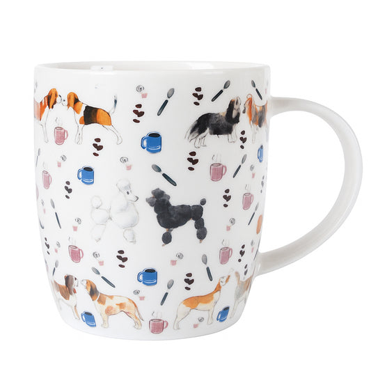 Mug with dog illustrations and coffee cups on a white background
