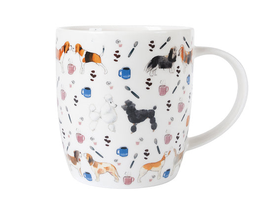A white ceramic coffee mug decorated with a pattern of various dog breeds, coffee cups, spoons, and beans, shown on a plain white background.