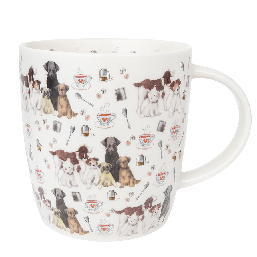 White mug with dog and tea pattern on a white background