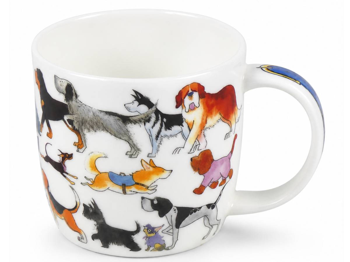 Lots of dog breads illustrated by emma ball on a white fine bone china mug