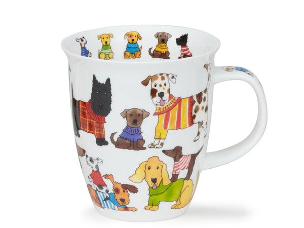 Dunoon Nevis Knitwits Dogs & Puppies Mug in fine bone china featuring colorful dogs and puppies wearing knitted jumpers on a tall classic mug—perfect for dog lovers and knitwear enthusiasts.