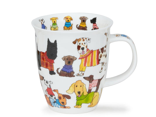 Dunoon Nevis Knitwits Dogs & Puppies Mug in fine bone china featuring colorful dogs and puppies wearing knitted jumpers on a tall classic mug—perfect for dog lovers and knitwear enthusiasts.